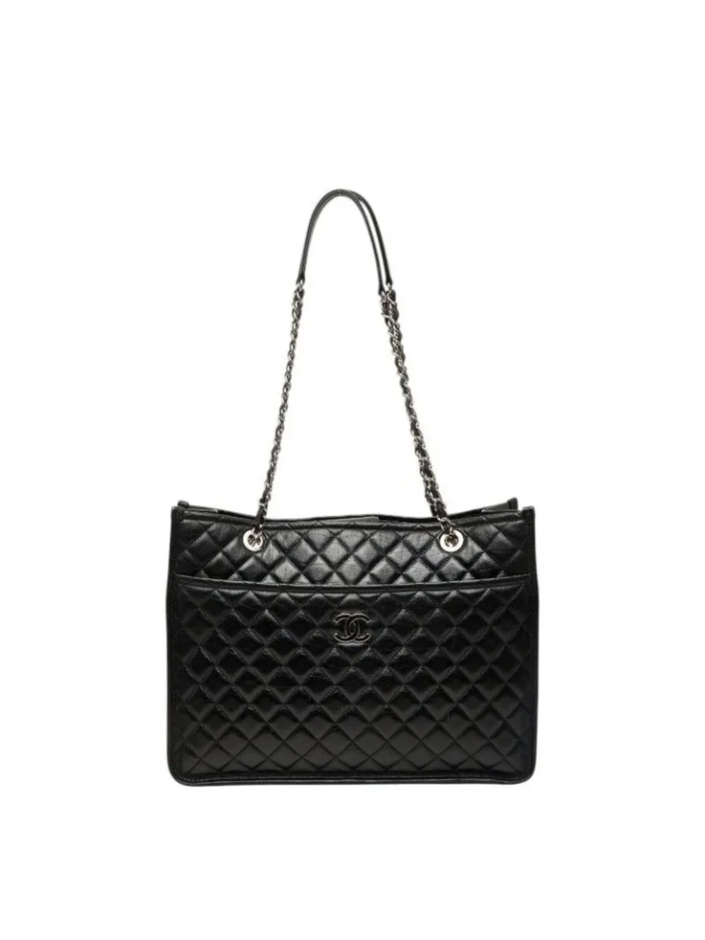 Chanel Quilted CC Logo Chain Tote Shoulder Black Silver Leather